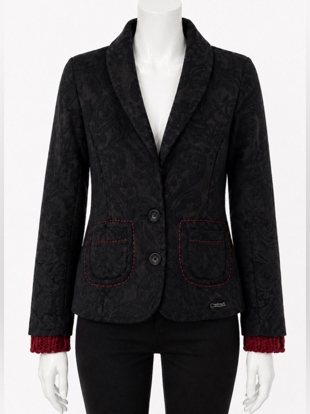 Desigual Black Jacquard Blazer with Red Stitch Detail